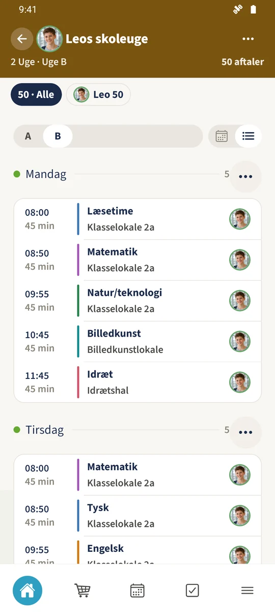 Den gemte uge B starter med Læsetime. Denne tilbagevendende skabelon forbliver adskilt fra den enkeltstående undtagelse.