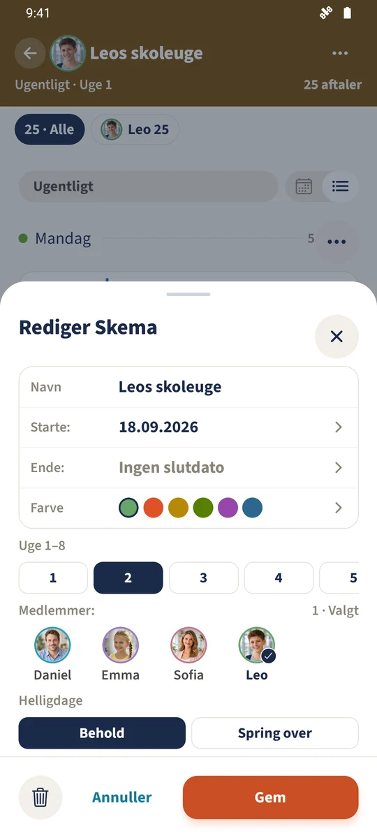 Skemaeditoren har cykluslængde 2 valgt under Uge 1–8.