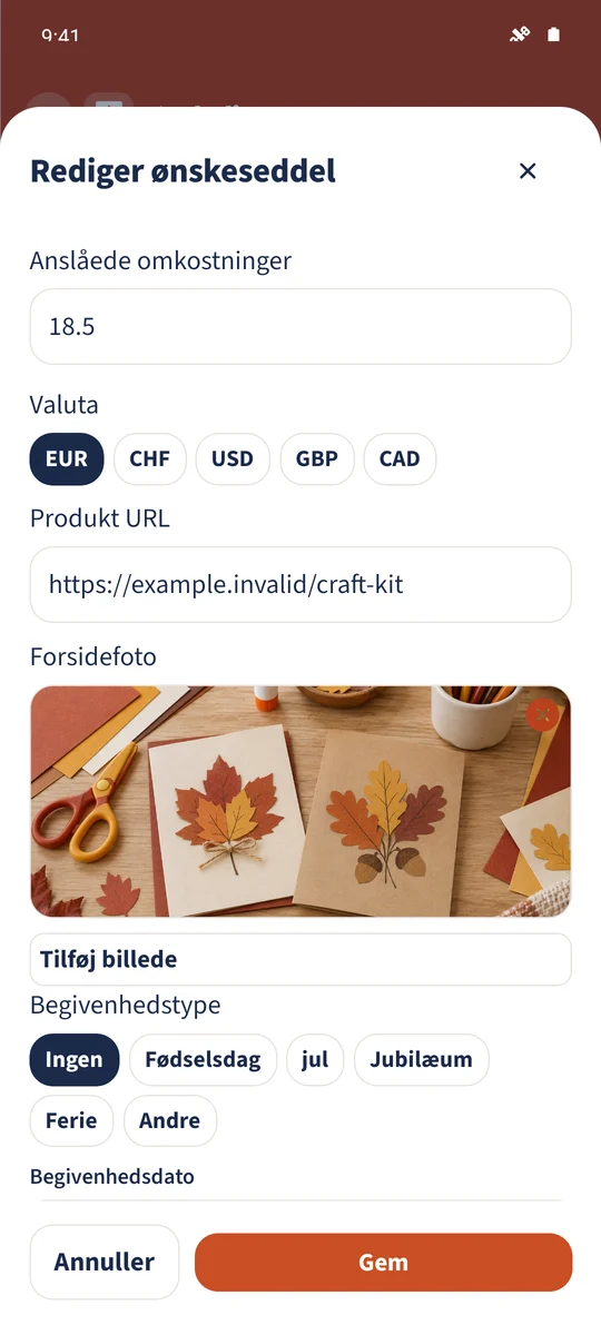 Formularen indeholder 18,50 EUR, et eksempelproduktlink og det valgte kreative billede.