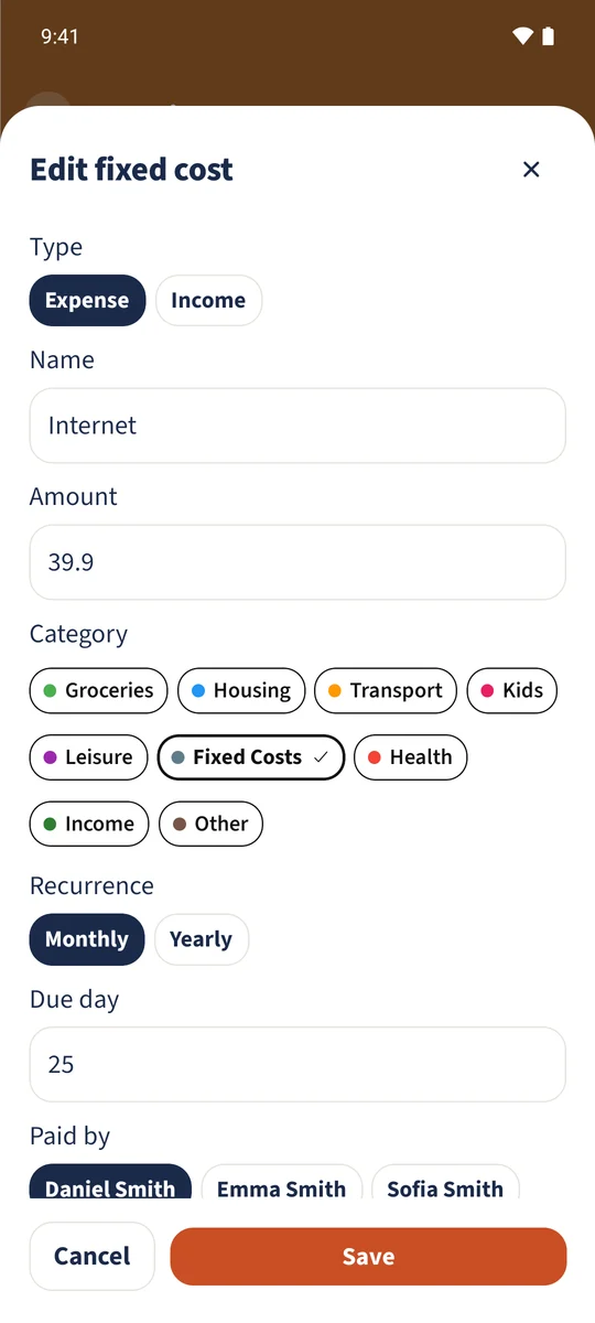 The existing Internet item is set to €39.90 in Fixed Costs, recurring monthly on day 25.