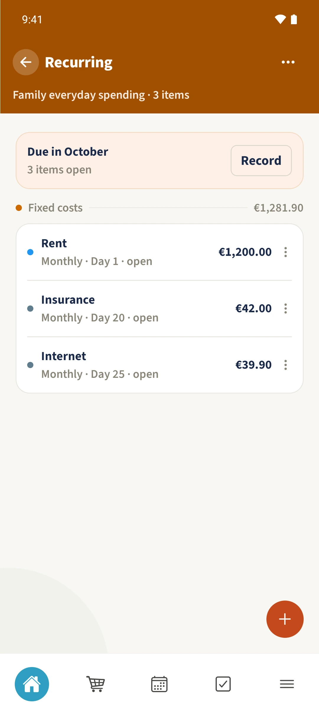 October 2026 Recurring shows the existing Rent, Insurance and Internet items, all still open.