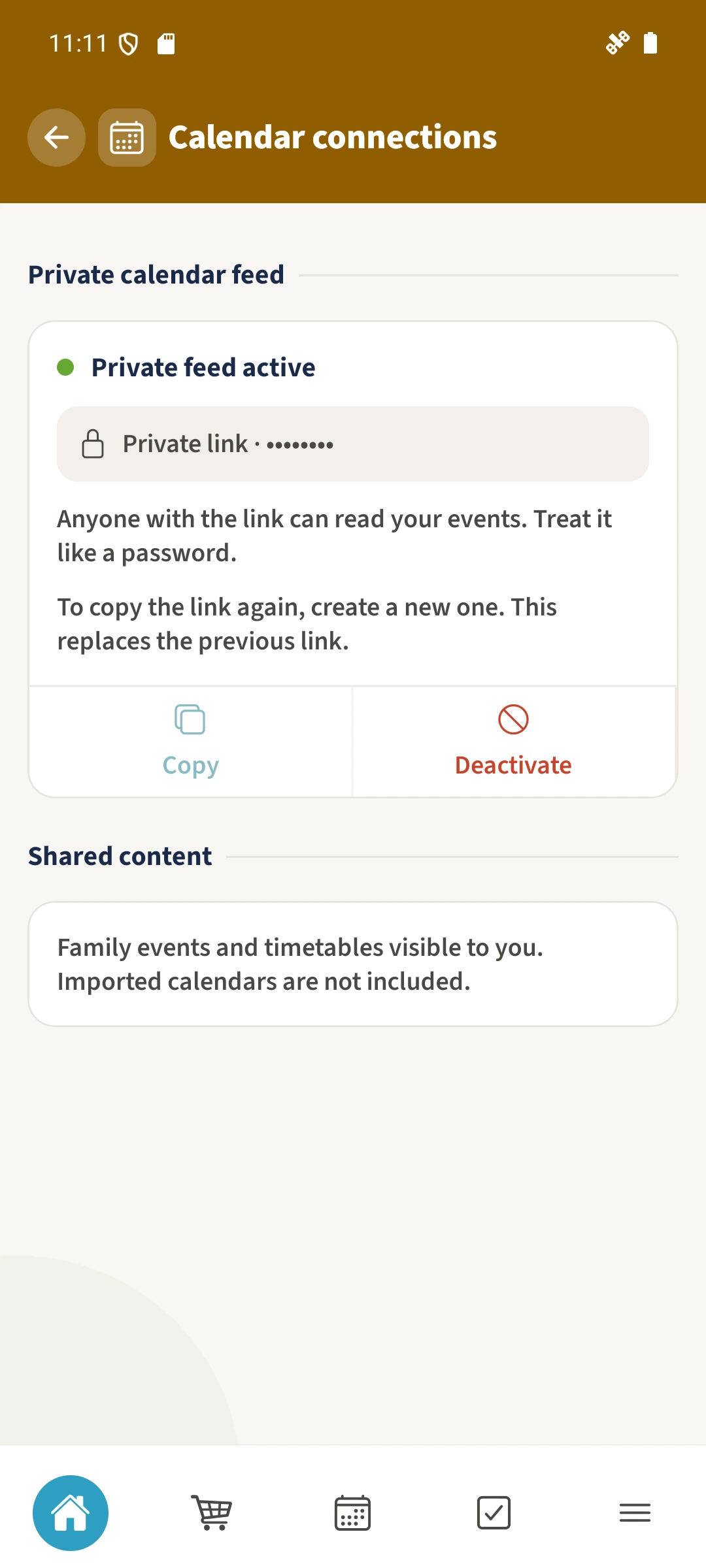 Private calendar feed: Private feed active