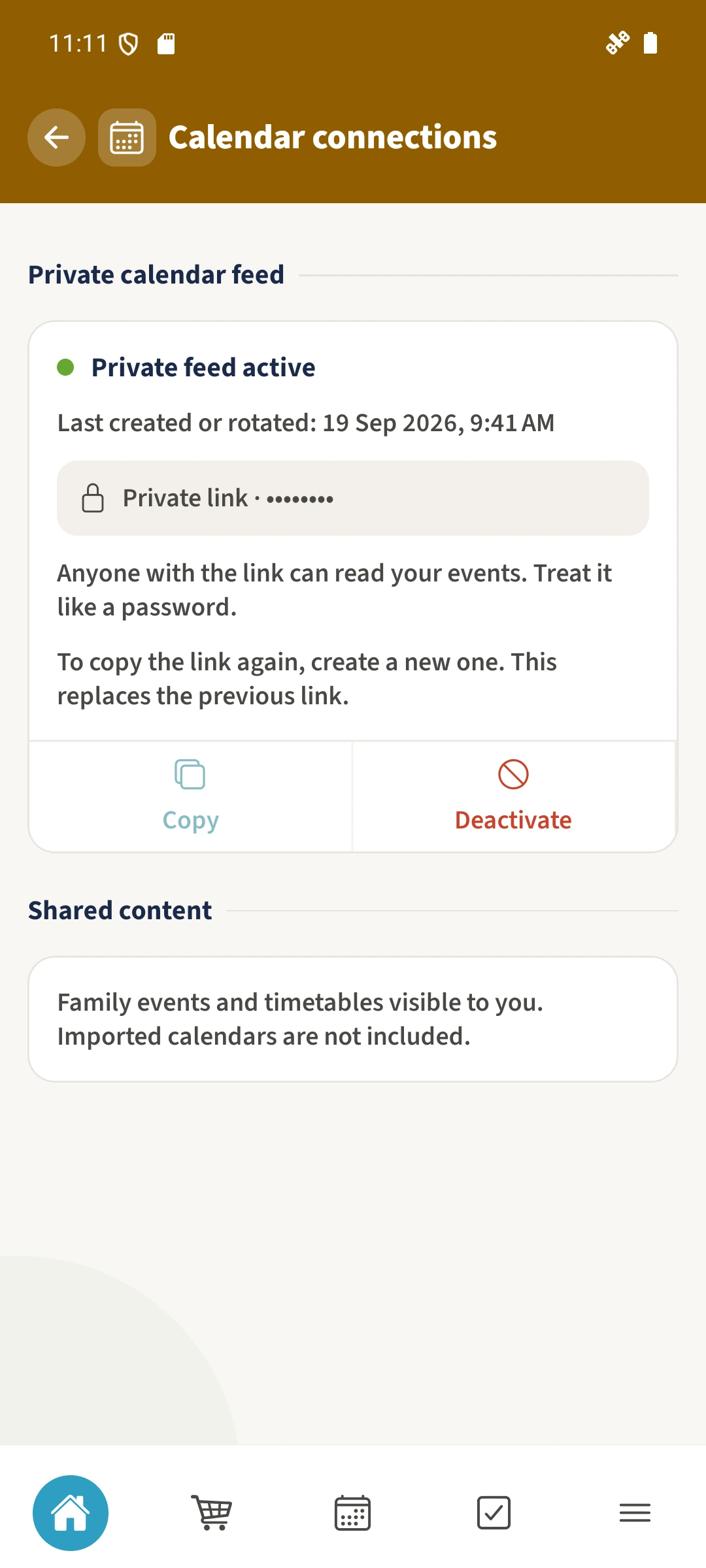Private calendar feed — Regenerate