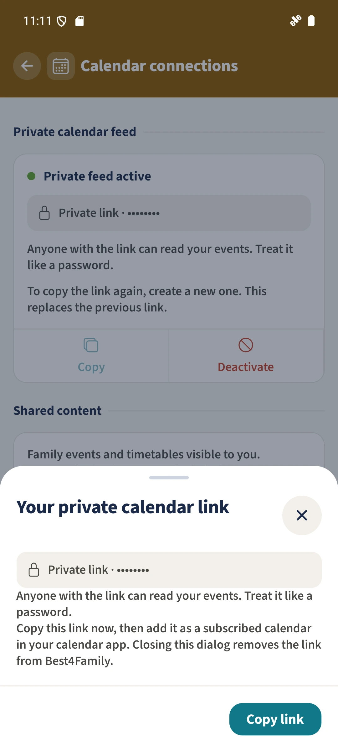 Your private calendar link — Copy link