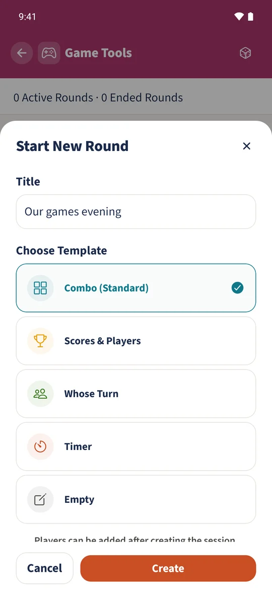 The new-session form has a title and Combo (Standard) selected.