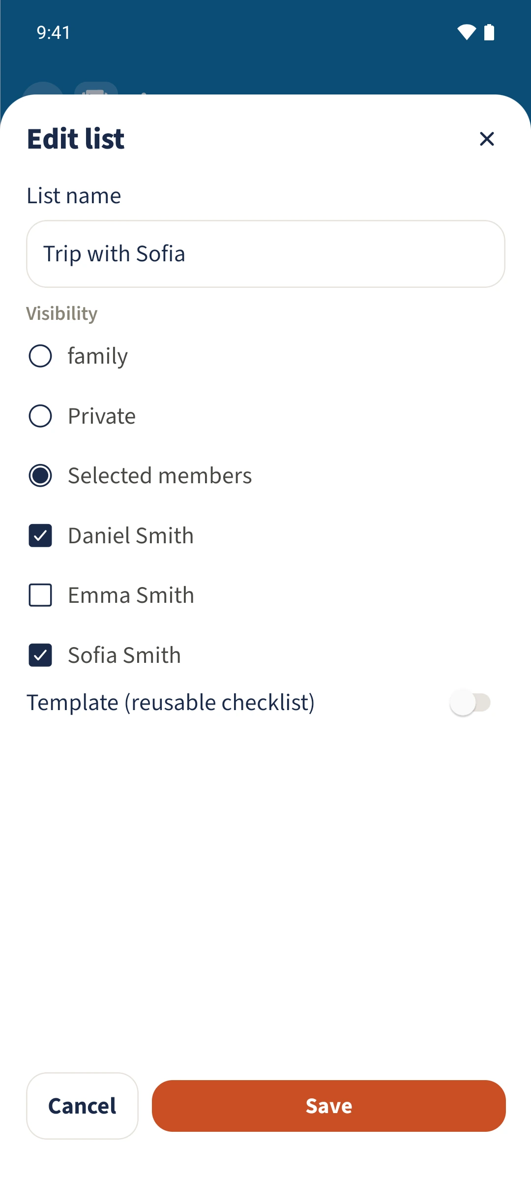 The list editor has Daniel and Sofia selected, while Emma is unselected.