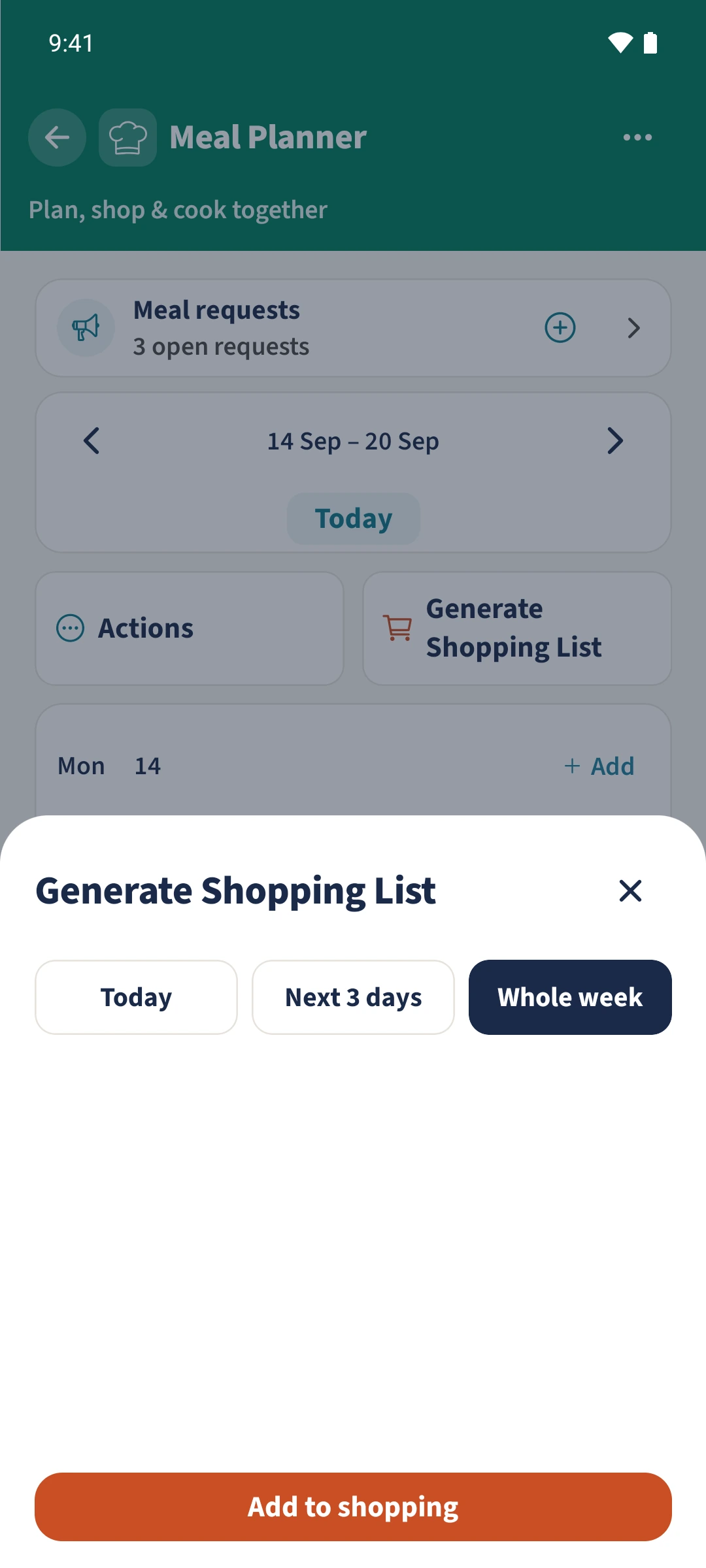 A period is selected in Generate Shopping List, ready to add recipe ingredients to the existing main list.
