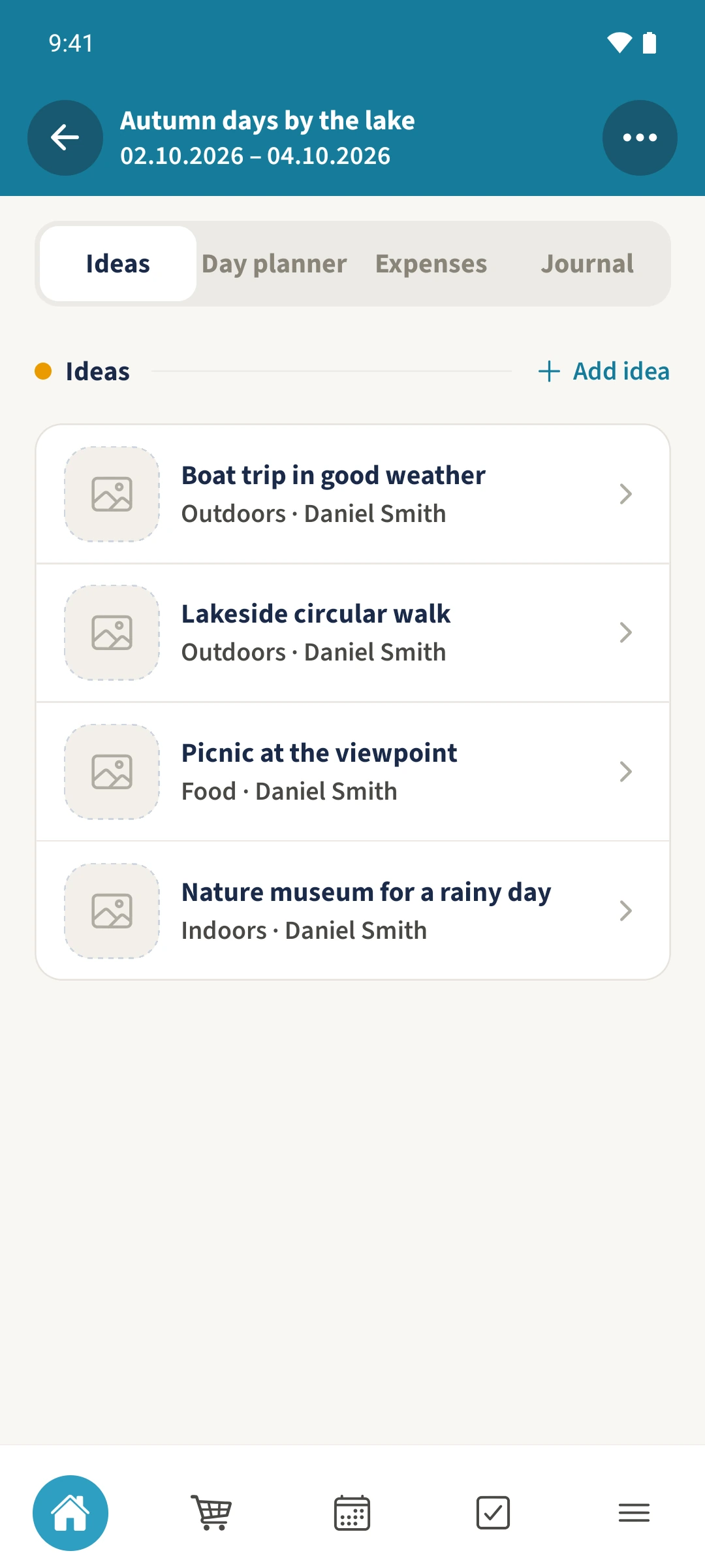 The ideas collection contains the saved boat trip, lakeside walk, picnic and nature museum.