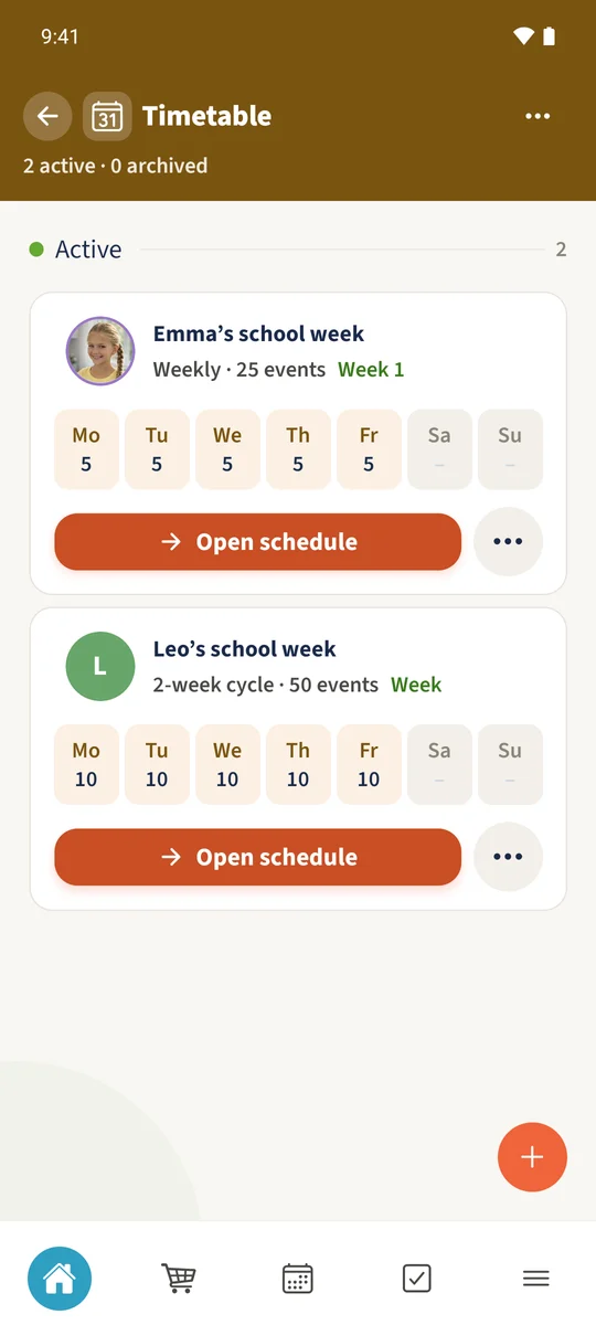 The timetable overview shows Emma’s school week and Leo’s school week with their assigned people and current lesson counts.