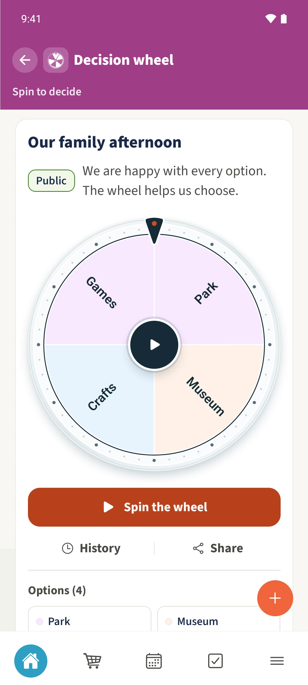 The saved family wheel has four options and is ready to spin.
