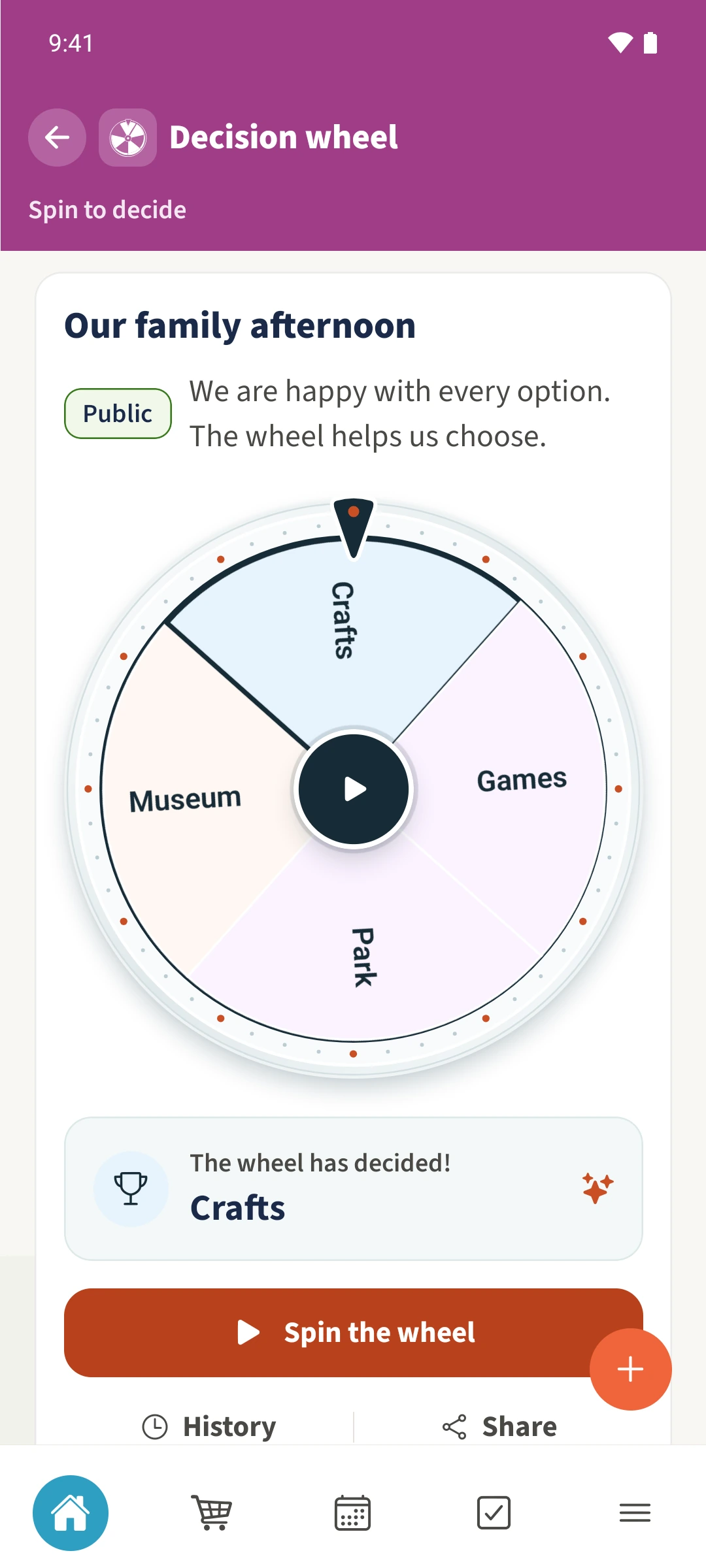 Sofia’s later spin of the same wheel displays its chosen option.