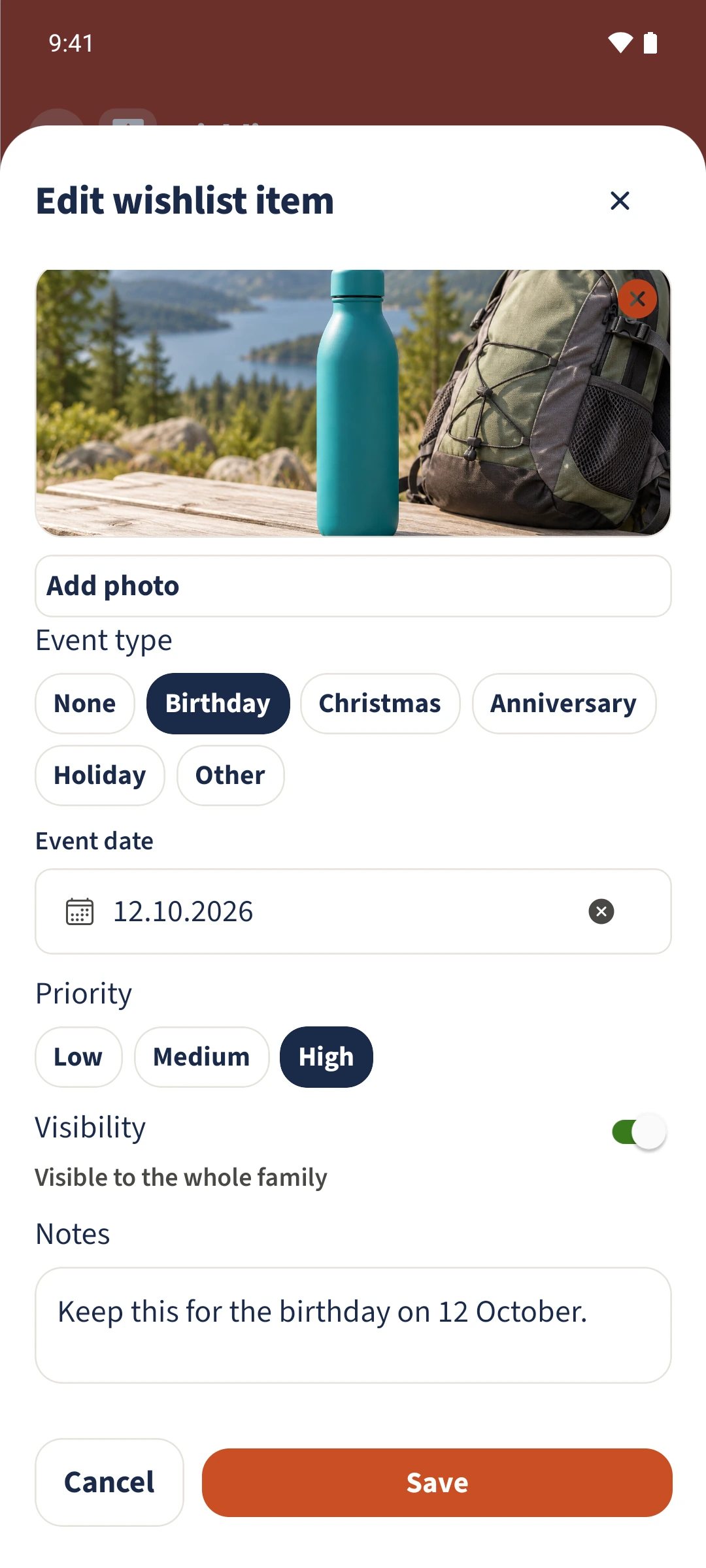 The form shows Birthday, 12 October 2026, High priority and a birthday note.
