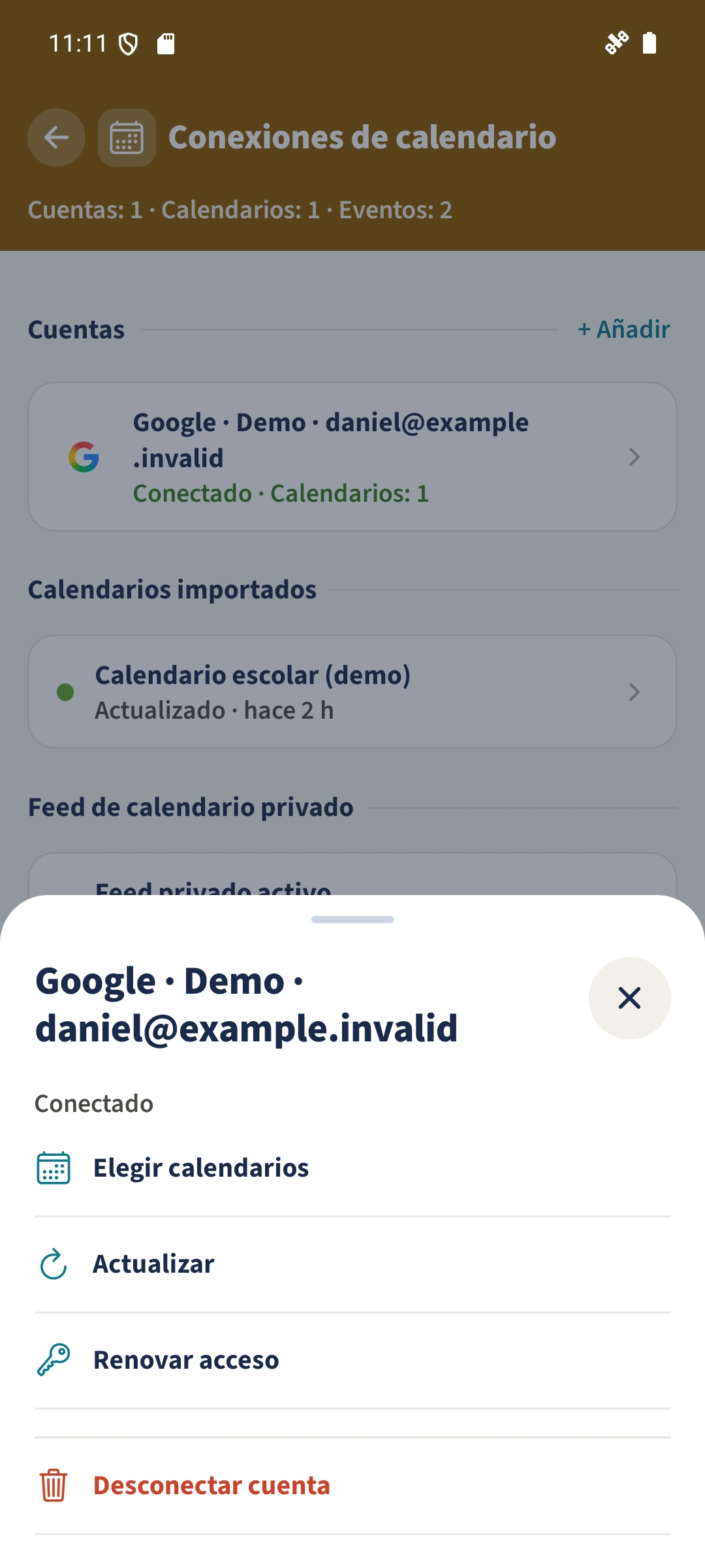 Cuenta de calendario: Google — Elegir calendarios, Actualizar