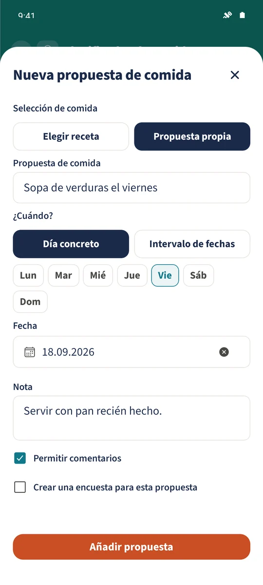 Captura prevista: Recoger propuestas para las comidas: pantalla 1.