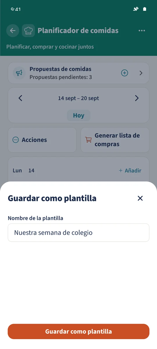 Captura prevista: Reutilizar una semana de comidas: pantalla 2.