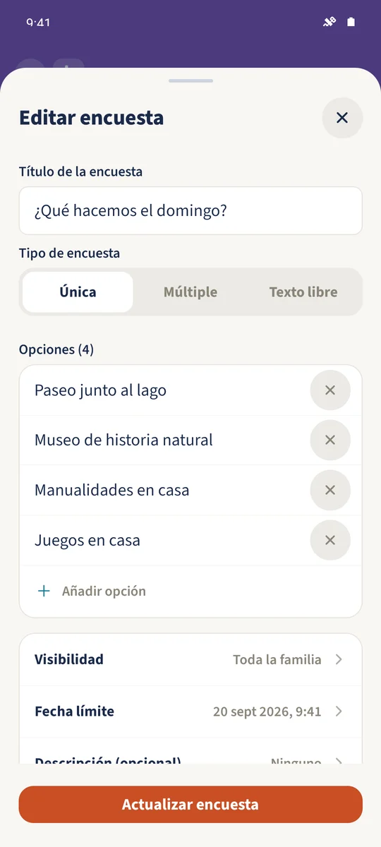 Captura prevista: Crear una encuesta familiar con opciones claras: pantalla 1.