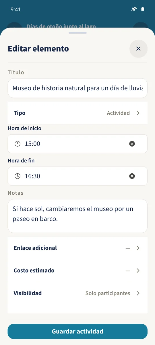 Captura prevista: Organizar cada día del viaje: pantalla 2.