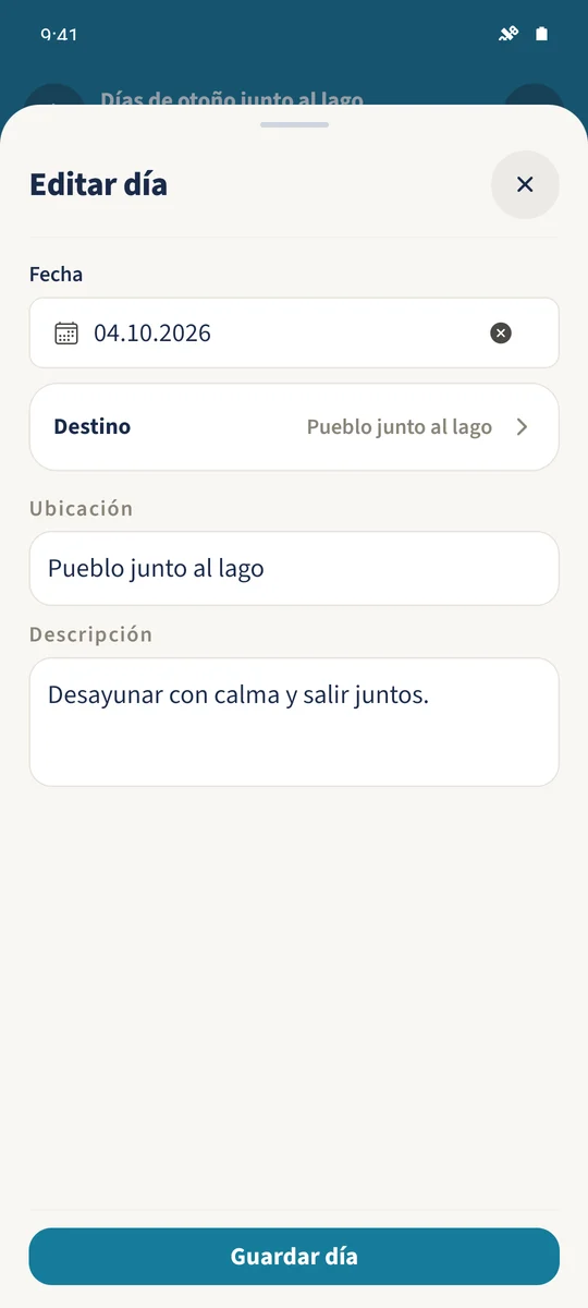 Captura prevista: Organizar cada día del viaje: pantalla 1.