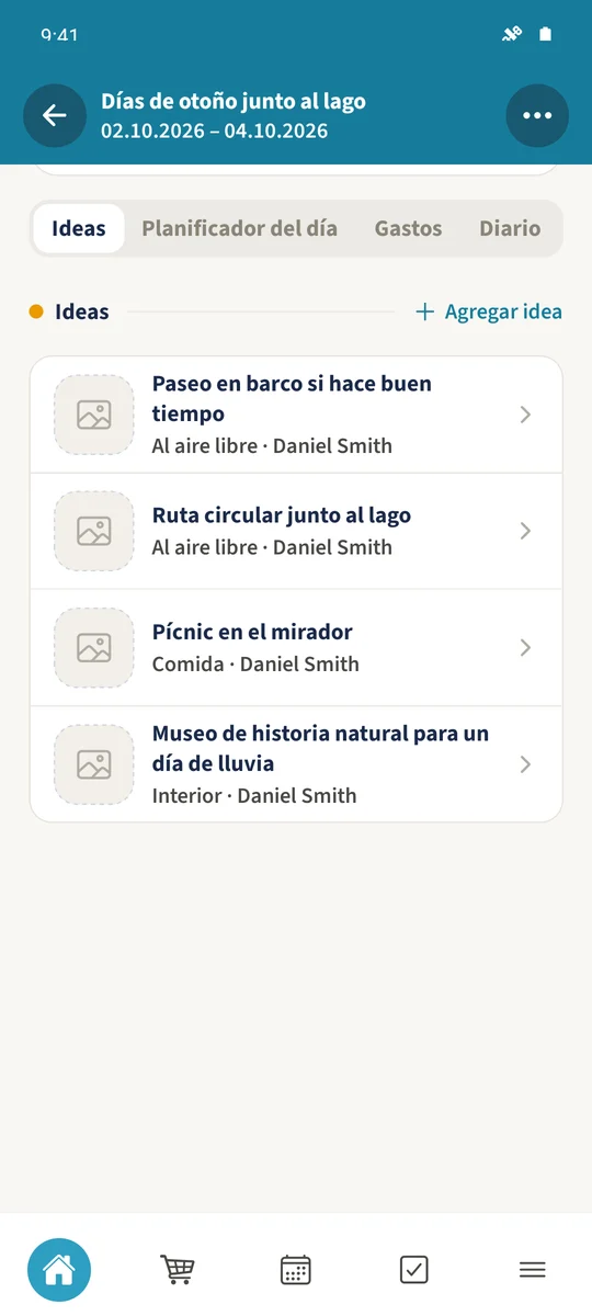 Captura prevista: Reunir ideas para un viaje familiar: pantalla 1.