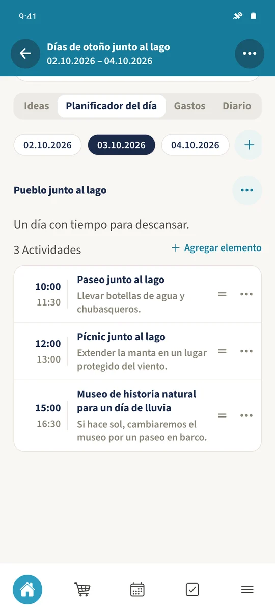 Captura prevista: Organizar cada día del viaje: pantalla 3.