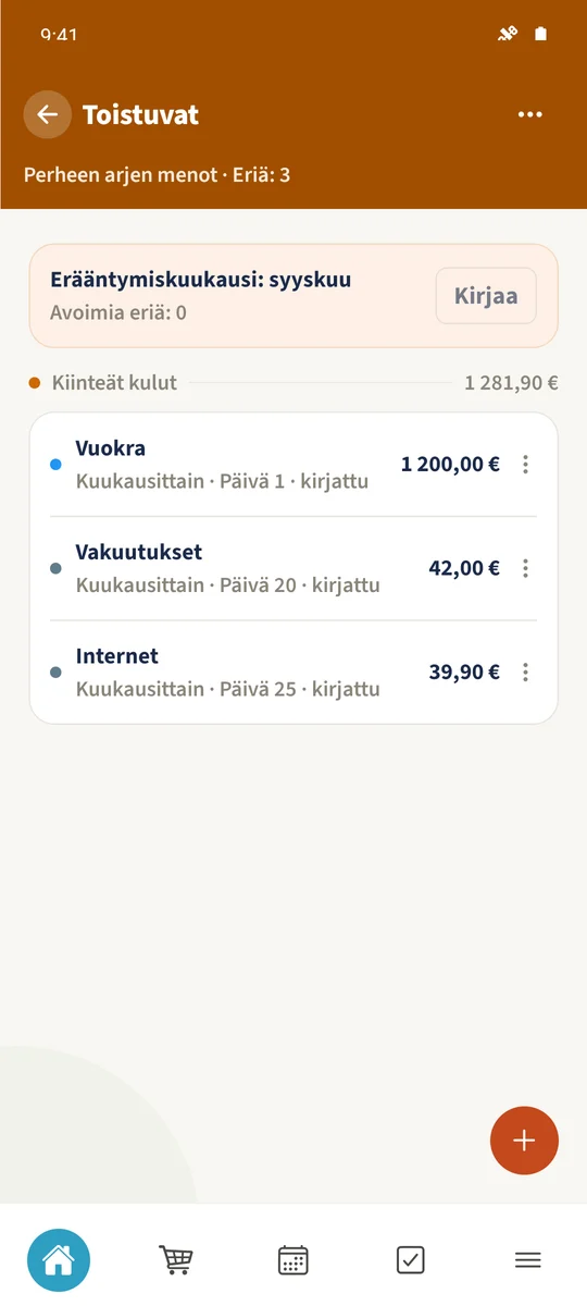 Luonnin jälkeen Vuokra, Vakuutukset ja Internet näkyvät kirjattuina lokakuulle 2026.