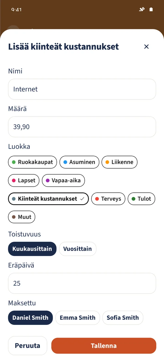 Nykyinen Internet-erä on 39,90 € luokassa Kiinteät kulut ja toistuu kuukausittain päivänä 25.