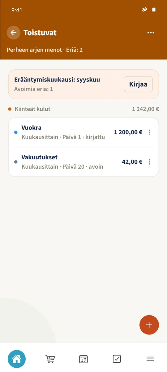 Lokakuun 2026 Toistuvat näyttää nykyiset Vuokran, Vakuutukset ja Internetin, kaikki vielä avoimina.