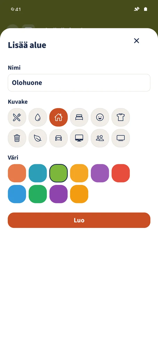 Uudella Olohuone-alueella on nimi, talokuvake ja vihreä väri.