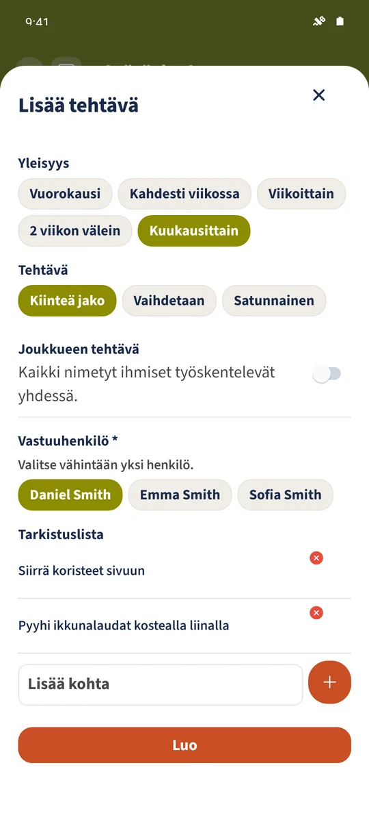 Lomakkeessa on valittu Daniel kiinteään jakoon ja siinä on kaksivaiheinen tarkistuslista.