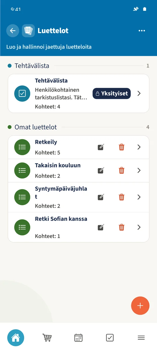 Smithin perheen listojen yleisnäkymässä näkyvät Retkeily, Takaisin kouluun ja Syntymäpäiväjuhlat sekä yksityinen Tehtävälista.