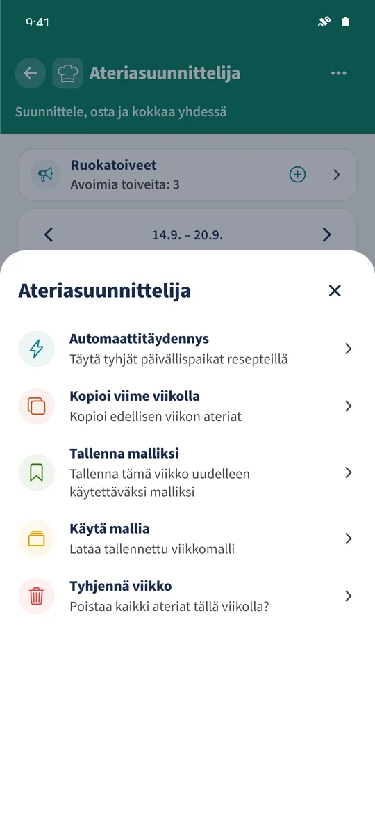Toiminnot tarjoaa Tallenna malliksi, Käytä mallia, Kopioi viime viikolla ja Automaattitäydennys.