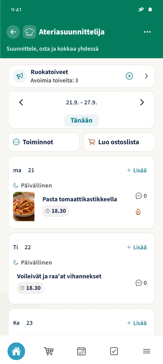 Kohdeviikolla on lisätyt ateriat, kuten pasta maanantaina ja Voileivät ja raa'at vihannekset tiistaina.