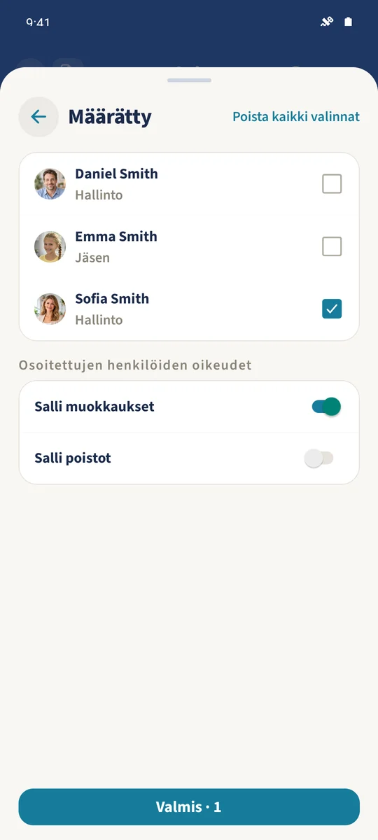 Sofia on valittu kohdassa Määrätty. Muokkaukset sallitaan ja poistot on kytketty pois.