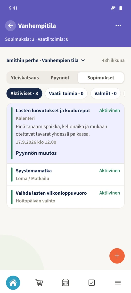 Hyväksytty Lasten luovutukset ja koulureput -sopimus näkyy aktiivisten sopimusten näkymässä.