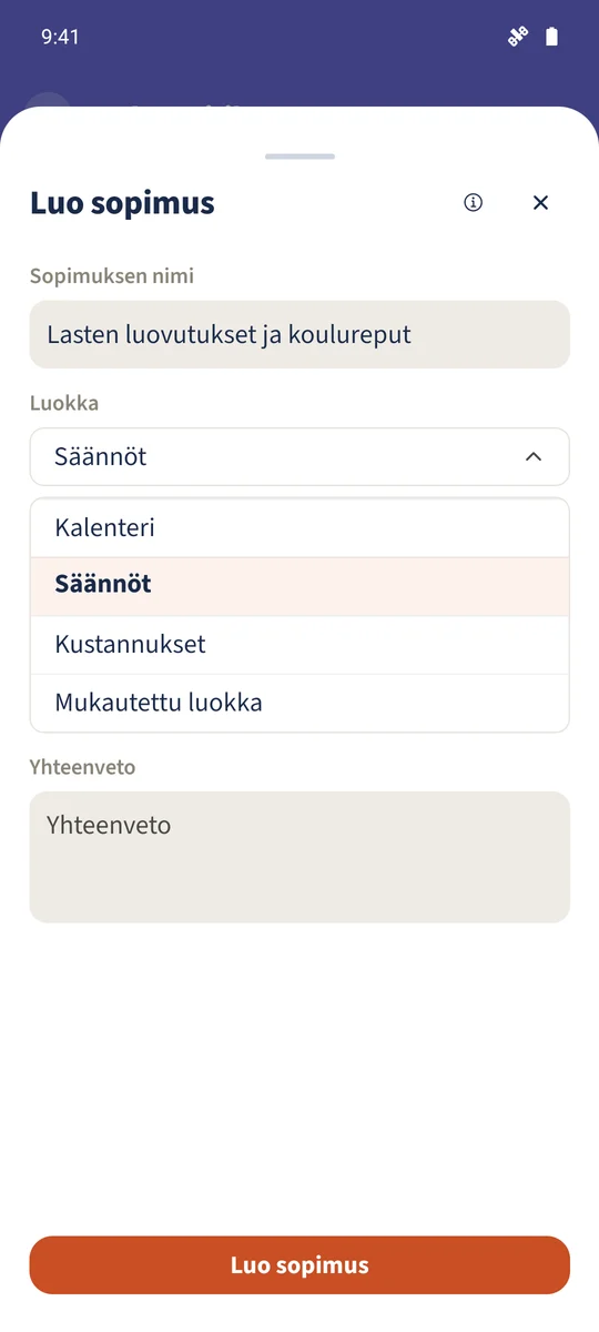 Sopimuksen luokkavalitsimessa ovat Kalenteri ja muut käytettävissä olevat luokat.
