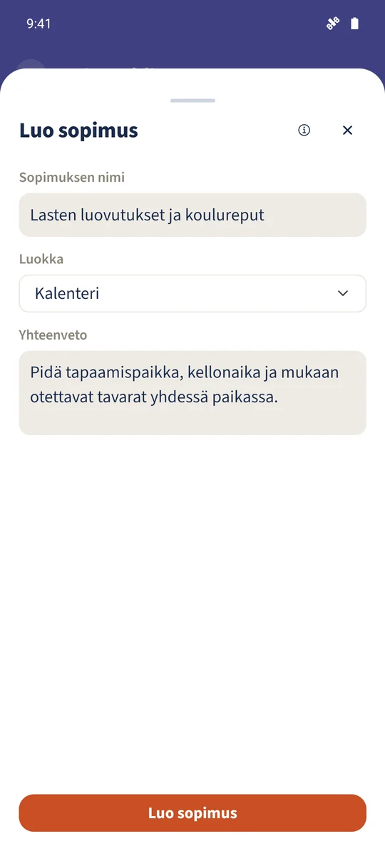 Tallentamattomassa sopimuksessa on otsikko, luokka ja selkeä yhteenveto.