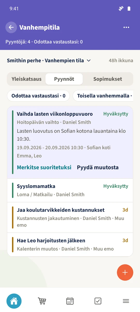 Hyväksytty hoitopäivien vaihto näyttää päivämäärät, kellonajan, tapaamispaikan ja kyseiset lapset.