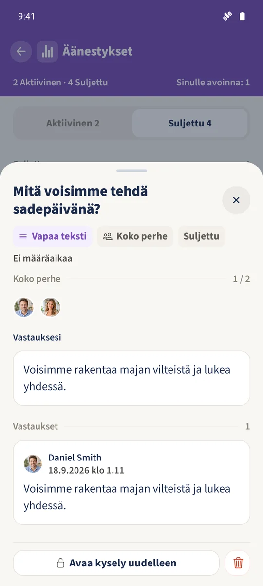 Vapaa teksti -äänestyksessä näkyy Danielin tallennettu idea majan rakentamisesta vilteistä ja yhdessä lukemisesta.