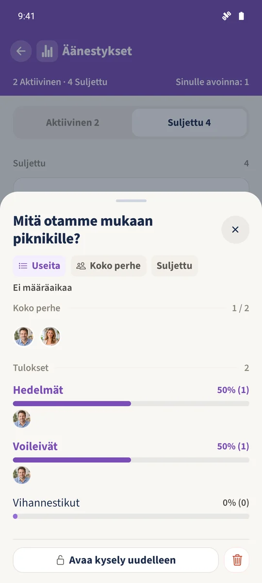 Yksi vastannut henkilö tuottaa kaksi vaihtoehtoääntä, joista kummallakin on 50 prosenttia.