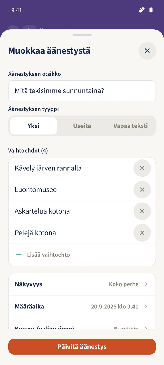 Sunnuntain Yksi-äänestyksessä on neljä vaihtoehtoa, Koko perhe -näkyvyys ja määräaika.