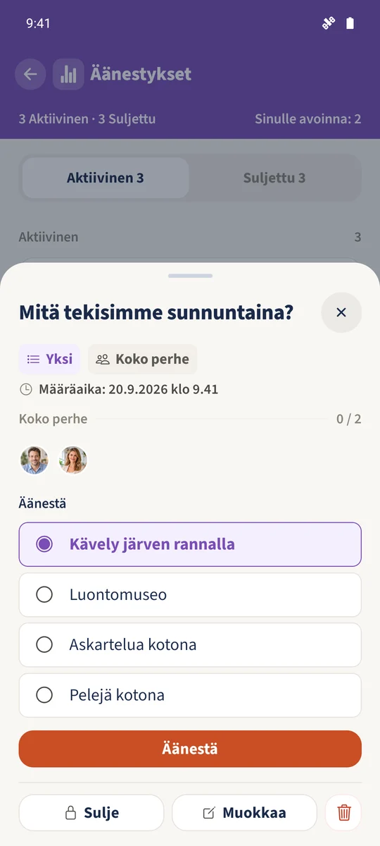 Yksi-äänestyksessä on valittu vain Kävely järven rannalla.