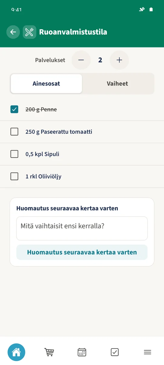 Ruoanvalmistustila näyttää kaksi annosta, 200 g pennepastaa ja pennepastan merkittynä valmiiksi.