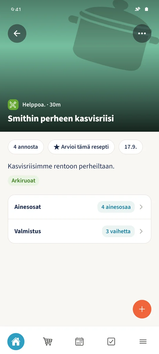 Uudelleen avattu resepti sisältää tallennetun perhekuvauksen, vaikeustason «Helppoa.» ja luokan Arkiruoat.