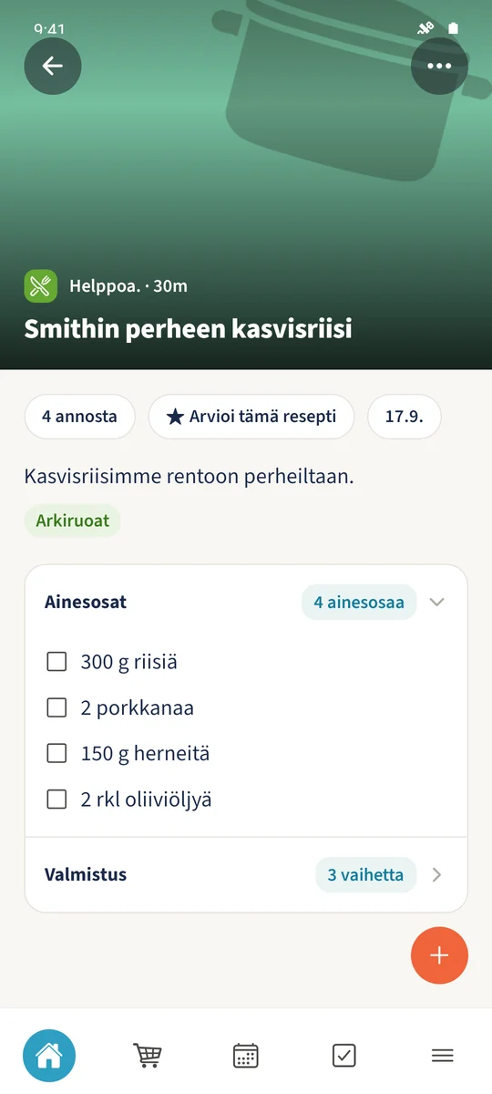 Tallennettu Smithin perheen kasvisriisi näyttää kohdassa Ainesosat riisin, porkkanat, herneet ja oliiviöljyn.