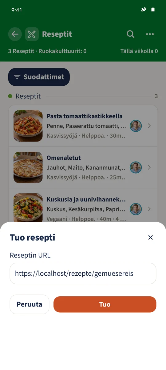 Reseptin URL sisältää paikallisesti ylläpidetyn Smithin perheen kasvisriisi -esimerkin osoitteen.