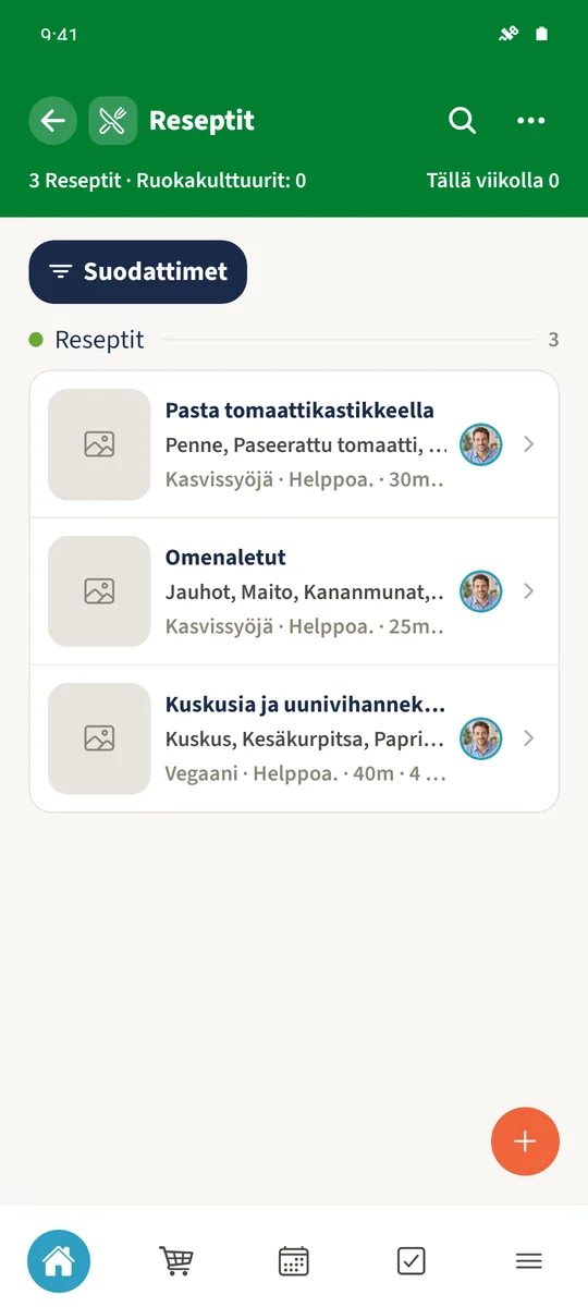 Smithin perheen kokoelmassa näkyvät reseptit Pasta tomaattikastikkeella, Kuskusia ja uunivihanneksia sekä Omenaletut reseptitietoineen ja ruokavaliomerkintöineen.