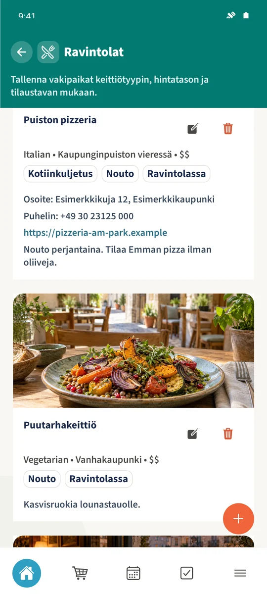 Tallennettu pizzeriakortti näyttää tiedot, myös yhteystiedot ja perheen muistiinpanon.