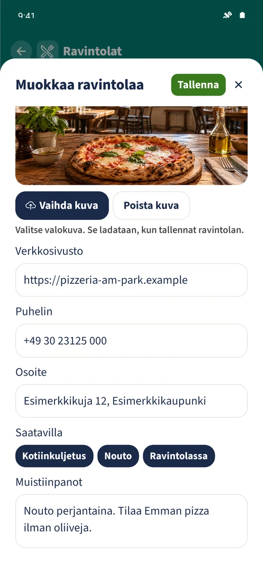 Lomakkeen alaosassa ovat kuvitteelliset yhteystiedot, kaikki kolme palveluvaihtoehtoa ja perheen noutomuistiinpano.