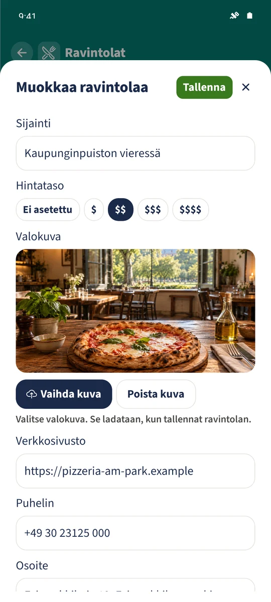 Puiston pizzerian muokkauksessa on Kaupunginpuiston vieressä ja kahden symbolin hintataso.