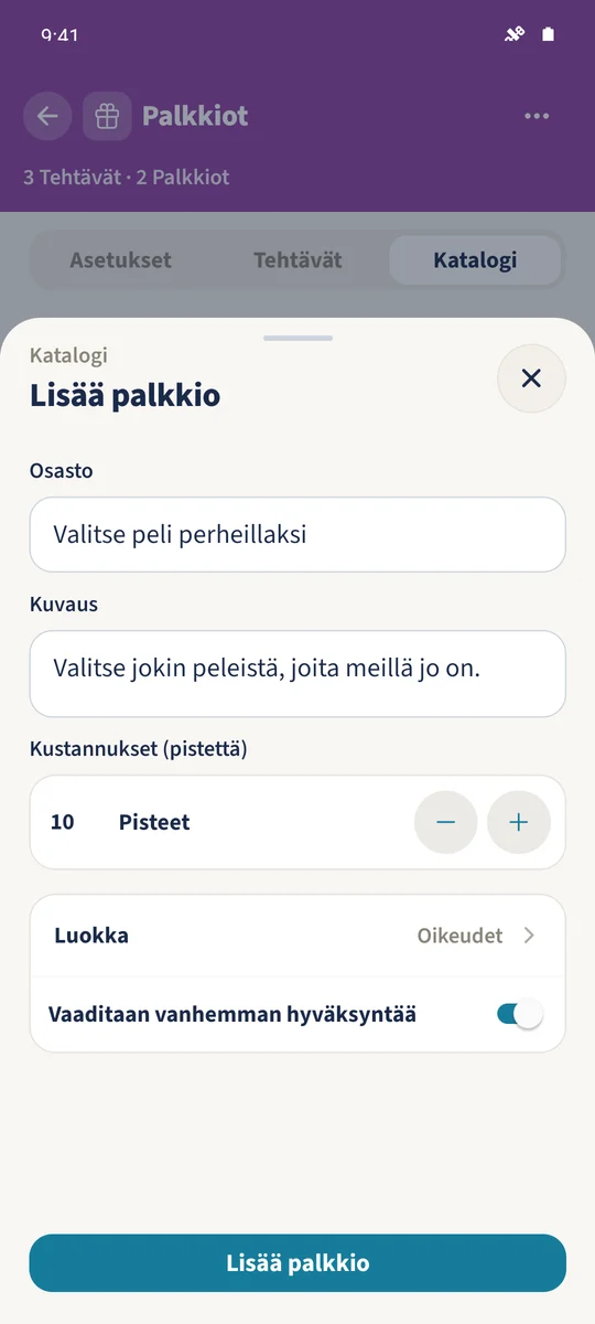 Luettelolomake tarjoaa pelin valinnan kymmenellä pisteellä ja vaatii vanhemman hyväksynnän.